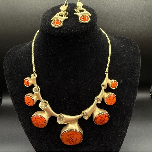 Brutalist Brushed Gold and Marbled Orange Jewelry Set of Earrings and Necklace - Picture 1 of 17